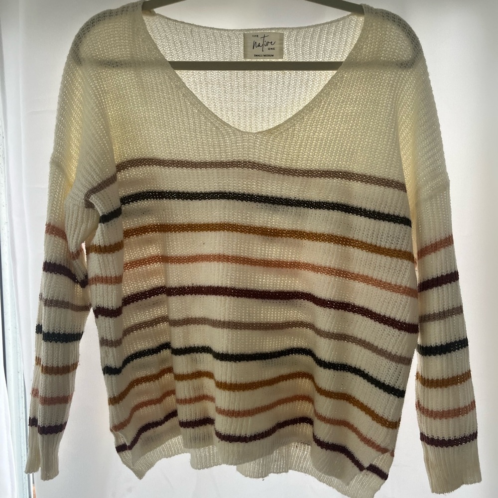 Native Cream V-Neck Sweater with Multicolor Stripes